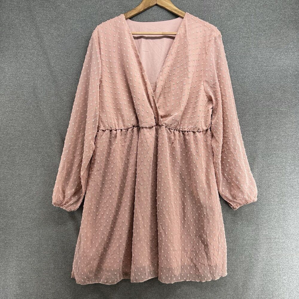 Curve Dress Womens 2X Pink Jacquard Chiffon Surplice Neckline Fully Lined SHEIN